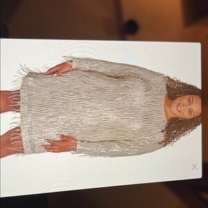 Eliza J Metallic Fringe Long Sleeve Shift Dress - Gold